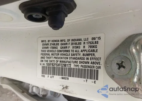 2015 Honda Civic Lx из США, поврежденный, VIN 19XFB2F5XFE298172